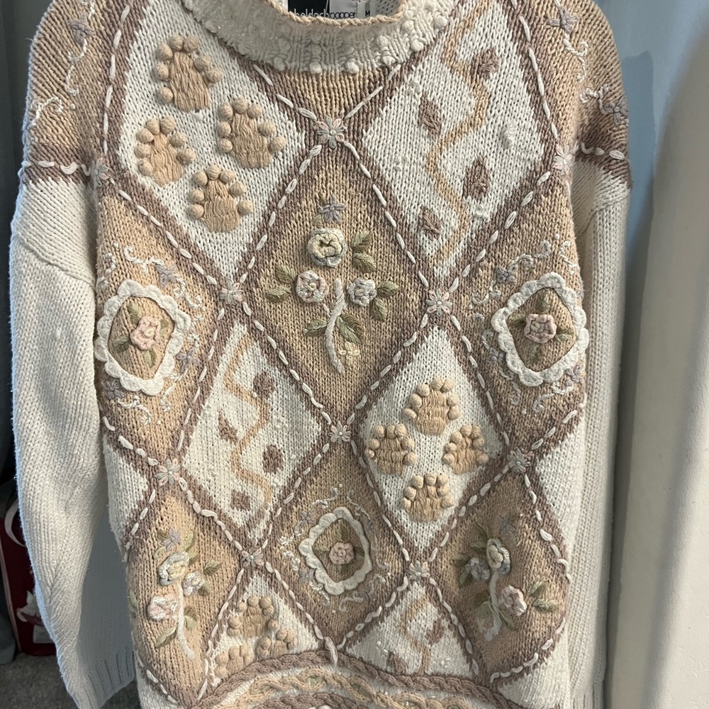 Cream and Brown vintage Sweater with Intricate embroidery Patterns